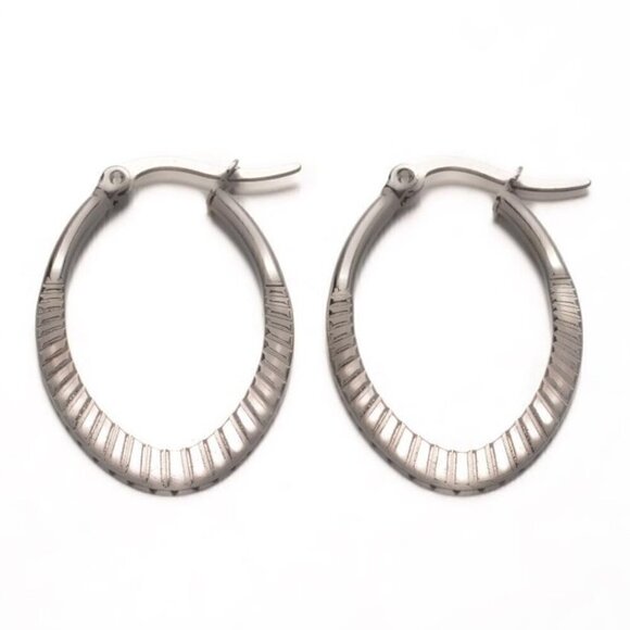 Surgical Stainless Steel Art Deco Gatsby Party Carved Silver Hoop Earrings - Picture 1 of 2